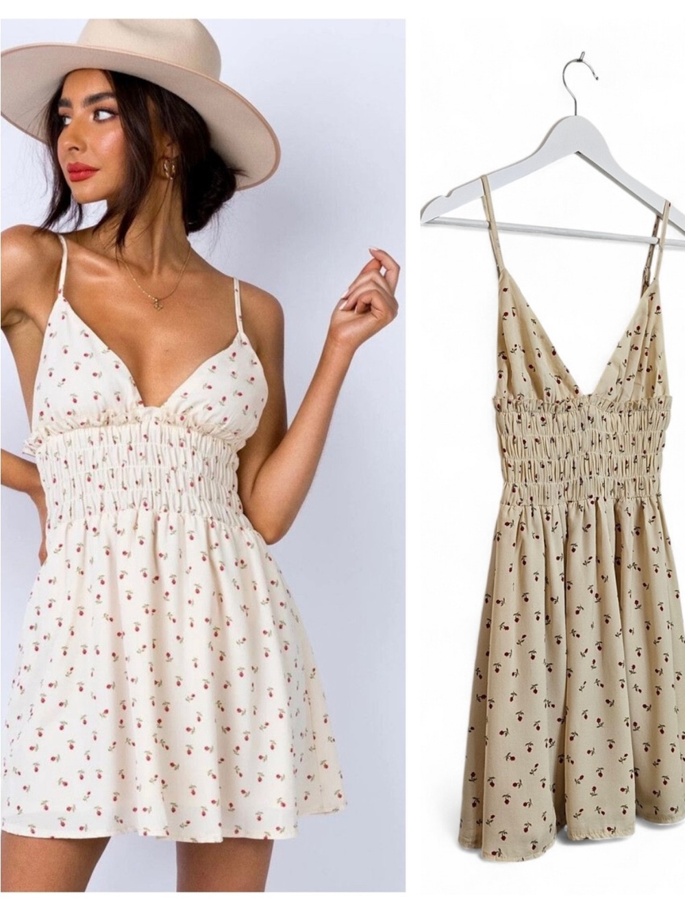 Princess Polly Cream Floral Smocked Mini Dress with Spaghetti Straps